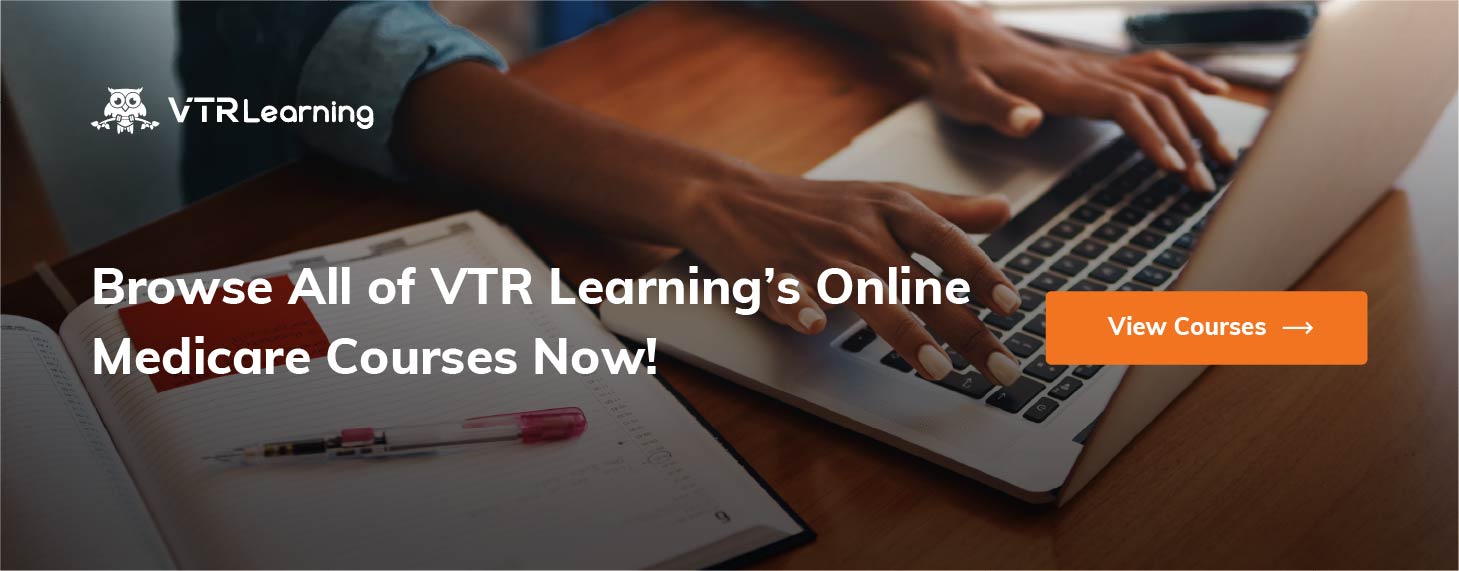 Image of women of laptop with text "Browse All of VTR Learning's Online Medicare Courses Now!"