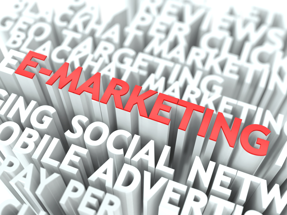 E-Marketing Concept. The Word of Red Color Located over Text of White Color.-1