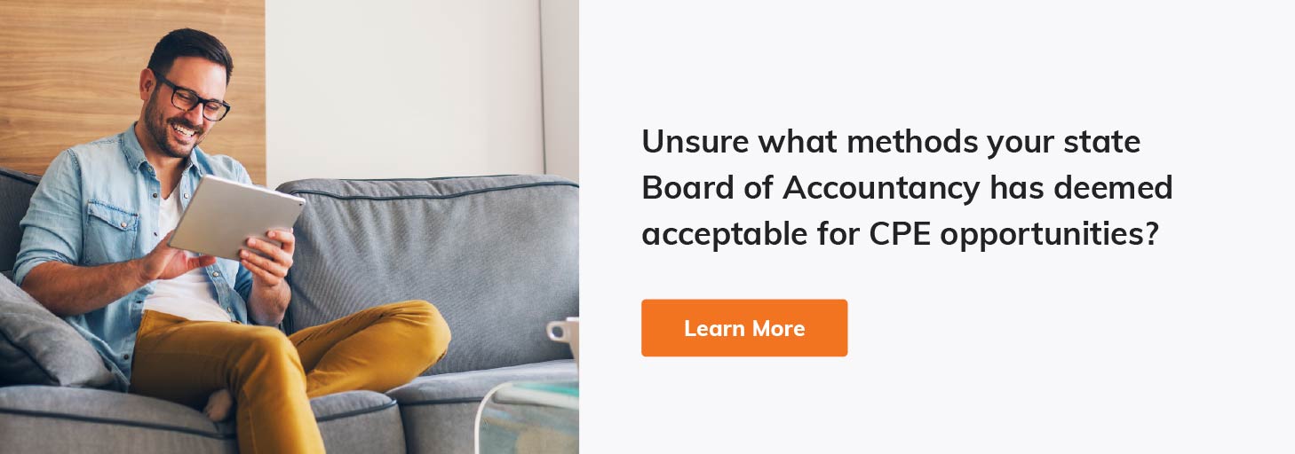 Image of man sitting on a couch learning about acceptable CPA CPE credit opportunities