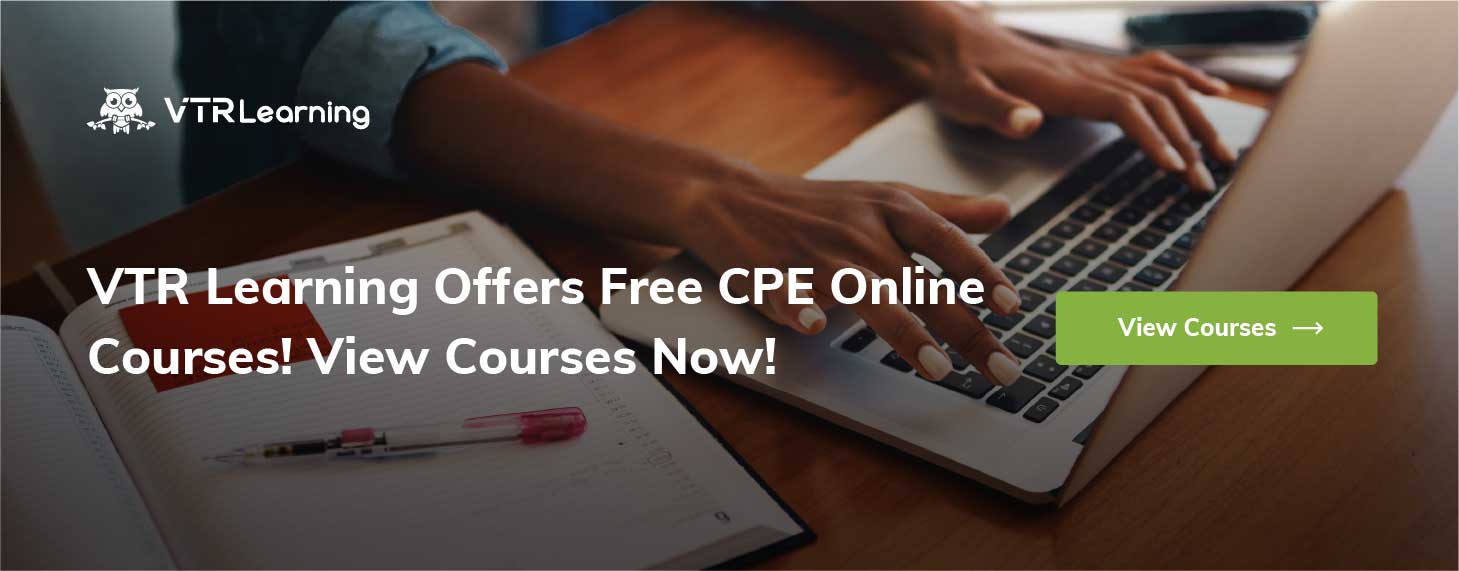 Person's hand typing on a laptop next to notebooks, overlaid with call to action about cheap CPA CPE courses