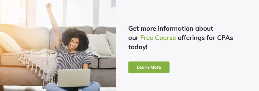 Image of a woman sitting in front of the couch with an excited expression and the text " Get more information about our free course offerings for CPA