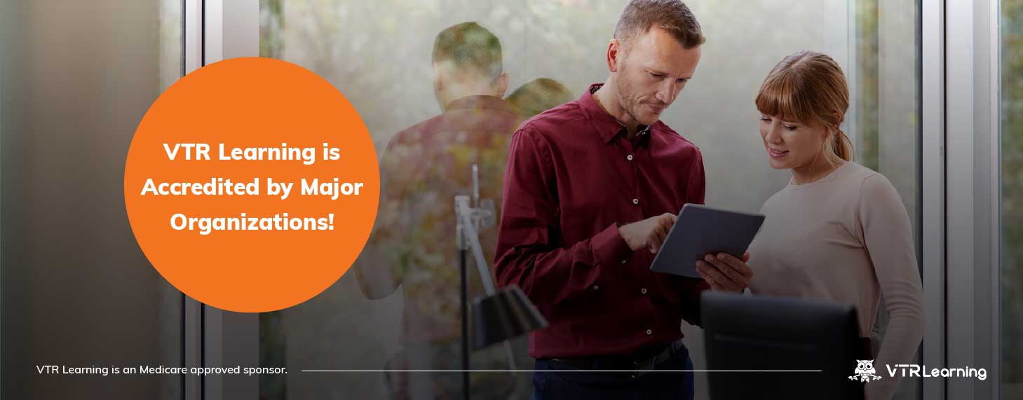 Man and woman looking at a tablet together, overlaid by an orange bubble with a call to action