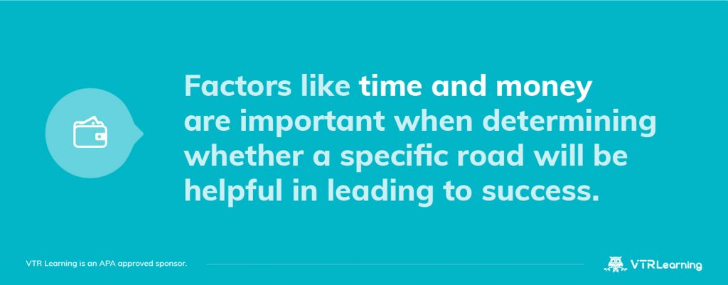 Quote about how time and money factor into payroll recertification with the APA, set against a blue background with VTR Learning logo