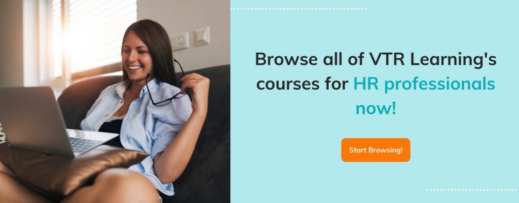 Call to action image about VTR Learning's HRCI approved courses, with a woman smiling at laptop computer screen
