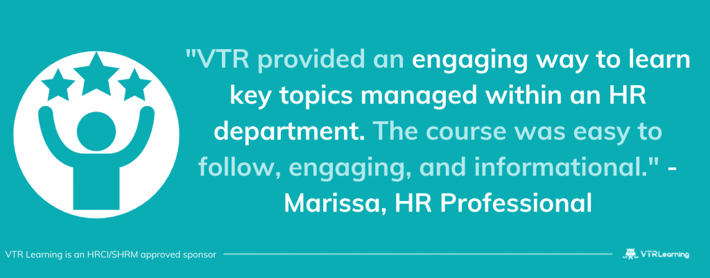 Quote about VTR Learning's SHRM and HRCI approved courses set against a teal background, with icon of a person and stars