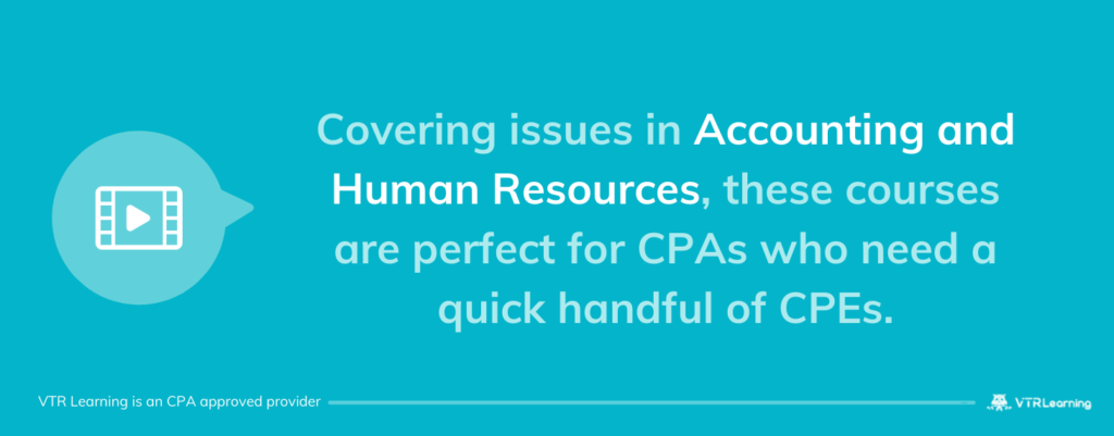 Quote about new HR and Accounting CPA CPE courses from VTR Learning against a blue background