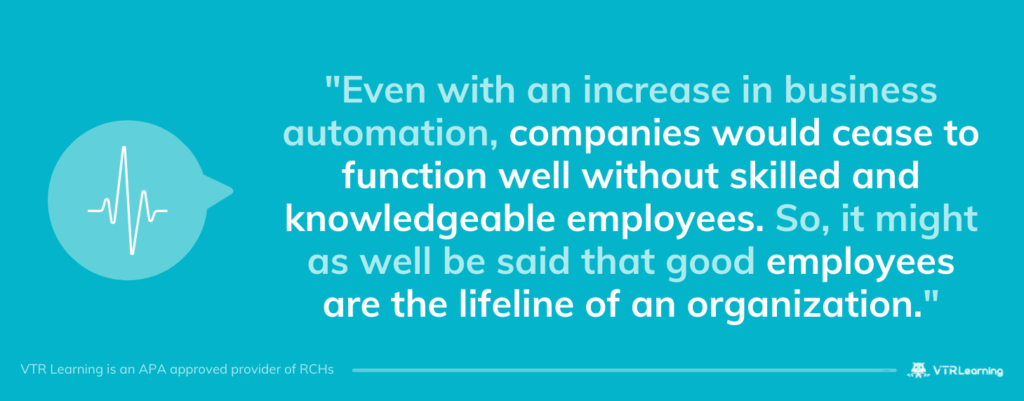 Quote about the importance of skilled employees and business automation, set against a blue background