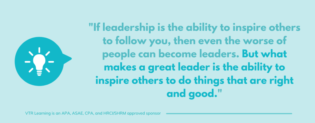 Quote about the importance of leading followers to act and do things correctly, set against a blue background