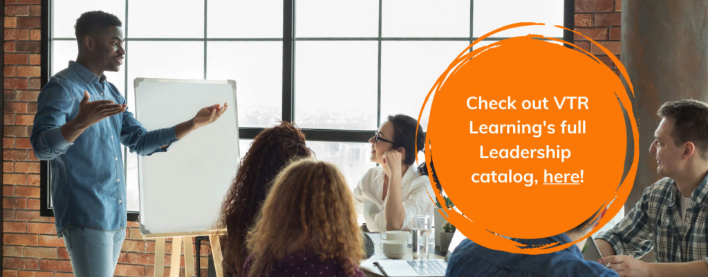 Man gives a presentation in front of a group of colleagues, overlaid with a call to action