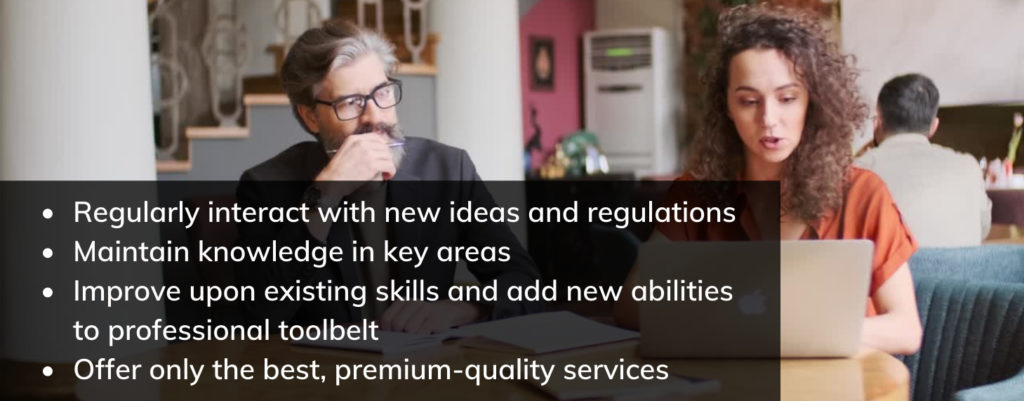 Bullet list of reasons why CPA's need CPE, overlaying woman and man sitting on a couch, discussing business