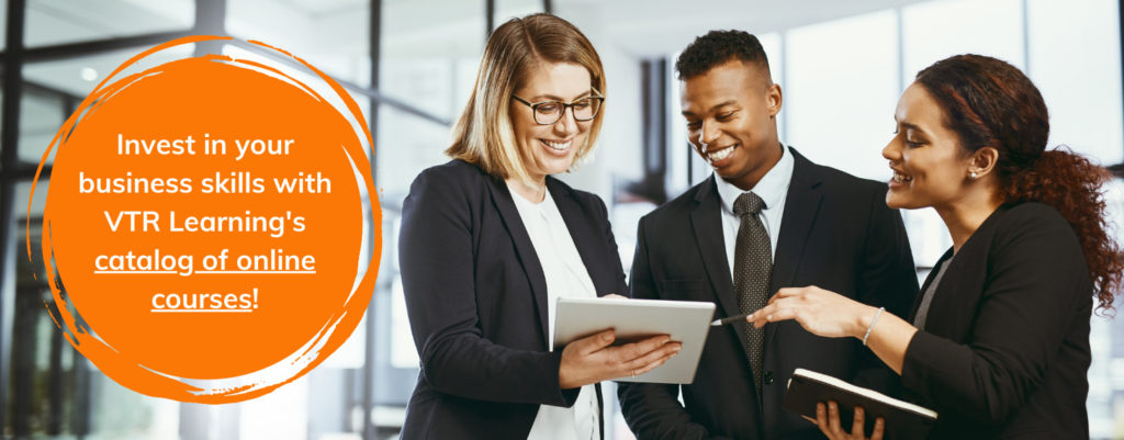 Three businesspeople smiling and looking at a clipboard, a call to action overlaying this