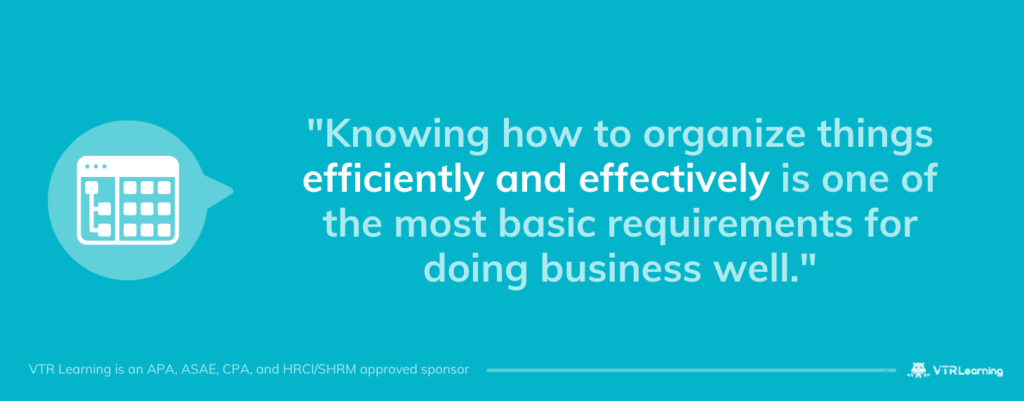 Quote about knowing how to organize things efficiently and effectively, set against blue background