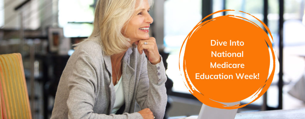 Older woman smiling as she looks at a computer screen, overlaid with an orange call to action bubble