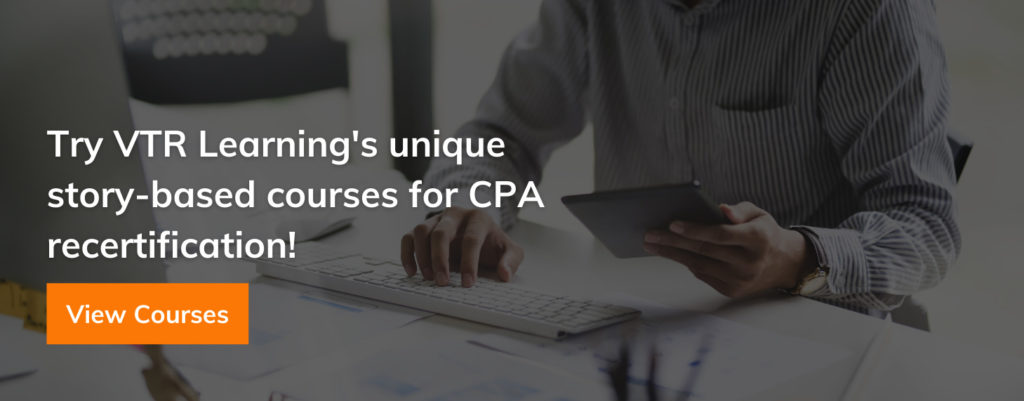 Person holding a tablet and typing on computer keyboard, overlaid with call to action about VTR Learning's CPA recertification courses