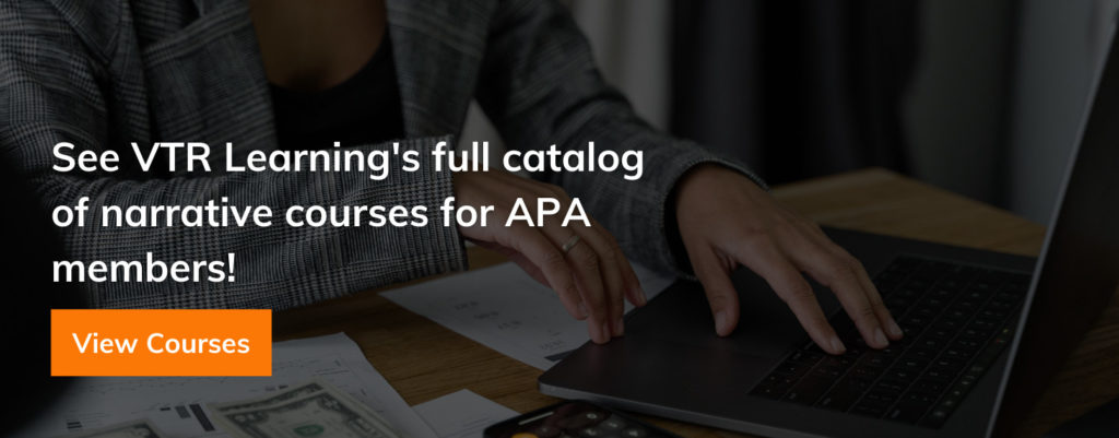 Person typing on a computer, overlaid with information about VTR Learning courses for members of American Payroll Association