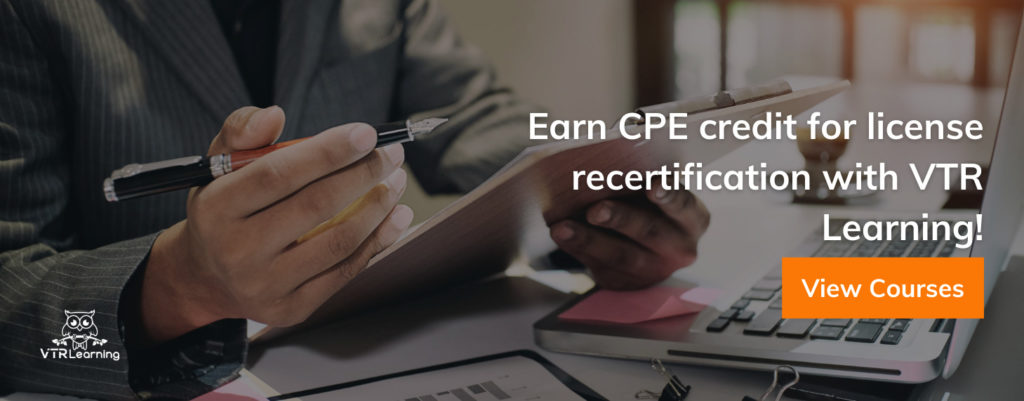 Person holding a clipboard and pen, overlaid with text about VTR Learning's CPE credit courses